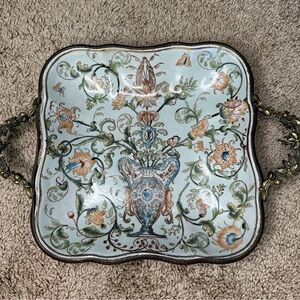 Vintage porcelain and metal tray with green floral design. Jewelry tray/ trinket